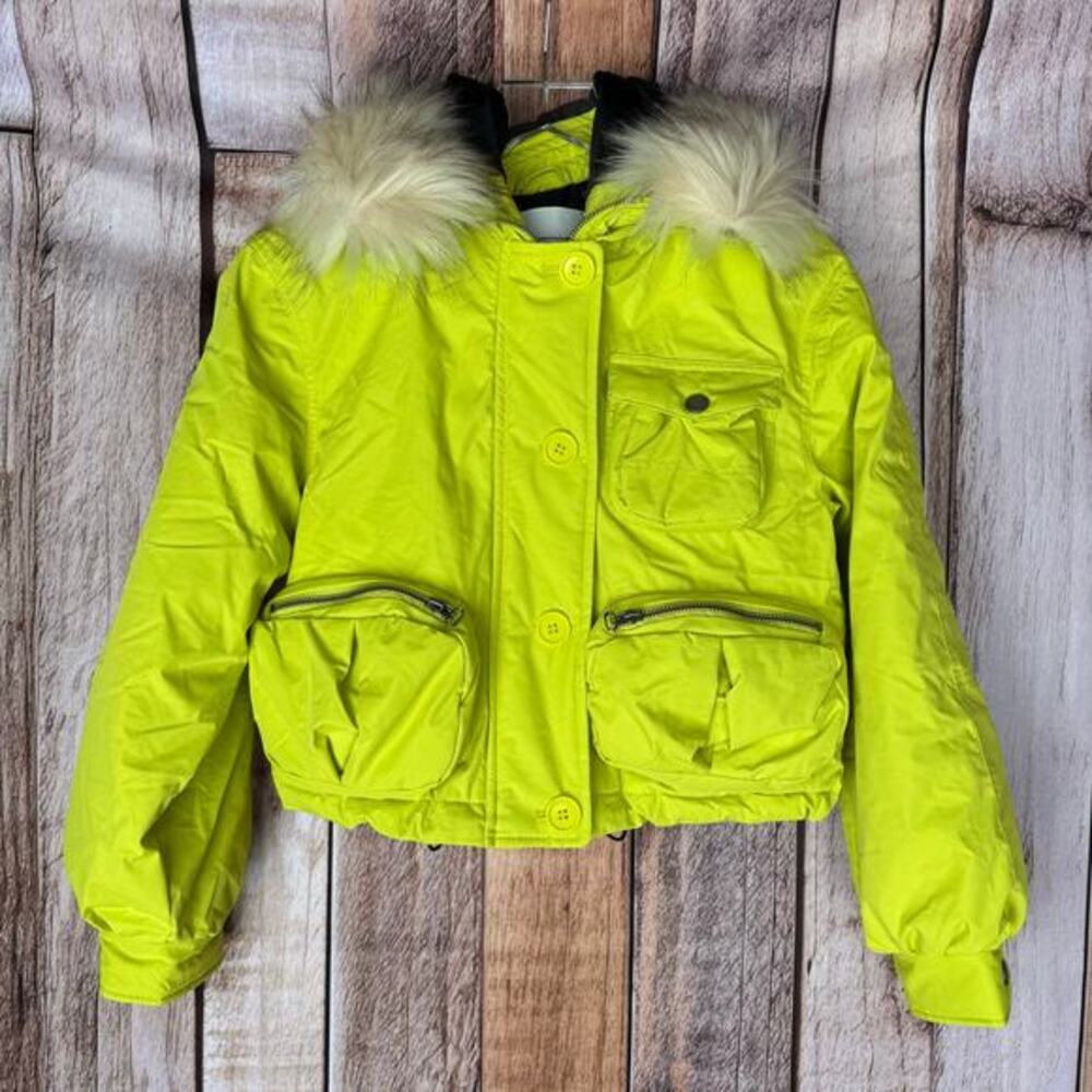 Anthropologie Coat Puffer Cropped Faux Fur Hood Neon‎ Lime Green Winter XXS NWT